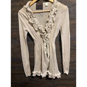 Guinevere Anthropologie Pointelle Ruffle Knit Cardigan Beige Cotton Medium
